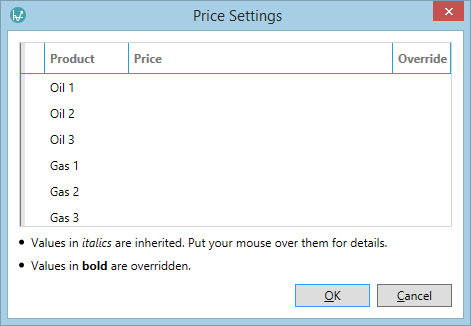 The Price Settings window